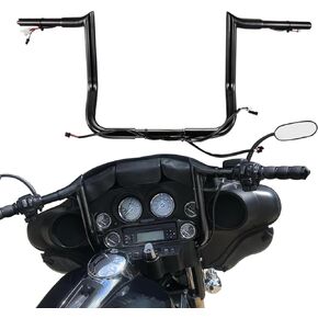 Black PRE-WIRED 12" Meathook Monkey Bar 1 1/4" Ape Hangers Handlebars for Harley Miter Cut 2014-2022 Street Glide/Electra Glide/Ultra Limited