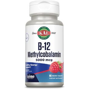KAL Vitamin B12 Methylcobalamin 5000mcg, Healthy Energy, Metabolism, Nerve & Red Blood Cell Support,* Fast Dissolve ActivMelts, Optimal Absorption, Natural Raspberry Flavor, 90 Servings, 90 Micro Tabs