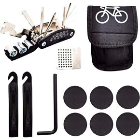 Bike Tyre Repair Set Bag Bicycle 16 in 1 Multi Function Tool Kit Hex Key Wrench Tire Patch Lever Portable Fix Mini Set for Road Mountain Bikes
