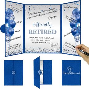 DARUNAXY Blue Silver Retirement Party Decorations, Officially Retired Alternative Signature Guest Book for Men Women Happy Retirement Gifts Signing Card Board for Retirement Farewell Party Supplies