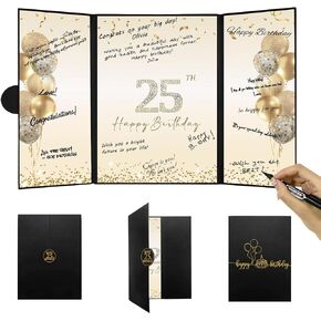 DARUNAXY Black Gold 25th Birthday Party Decorations, Happy 25th Birthday Alternative Signature Guest Book for Men Women Cheers to 25 Years Old Gifts 25 Birthday Signing Card Board Party Supplies
