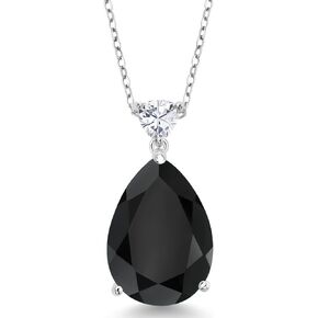 Gem Stone King 925 Sterling Silver Pear Shape Black Onyx and White Moissanite Pendant Necklace For Women (10.38 Cttw, Gemstone Birthstone, with 18 Inch Chain)