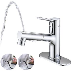 Bathroom Sink Faucet with Pull Out Sprayer, Single Handle Modern Bathroom Basin Faucet with Pop-up Sink Drain Stopper & Deck Plate 1 or 3 Hole, Matte Black