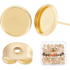 Beebeecraft 1 Box 50Pcs Earring Bezel Blanks 24K Gold Plated Stud Earrings Blanks 10mm Cabochon Bezel Settings with Earring Backs for Earring Jewelry Making