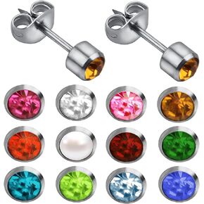 12 Pairs 4mm Birthstones Ear Piercing Studs Hypoallergenic Stainless Steel Rhinestone Earring Pin Studs Setting with Butterfly Earring Backs for Women Men Girls, 12 Colors