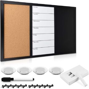 Navaris Combination Board Cork/Whiteboard/Chalkboard - 16 x 24 inches Combo Bulletin Magnetic Dry Erase Chalk Board Weekly Planner Message Organizer