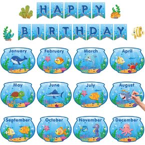 132 Pcs Under The Sea Birthday Bulletin Board Set Ocean Bulletin Board Classroom Decor Fish Learning Chart Cutouts Sea Animal Bulletin Board Birthday Supplies for Classroom Wall Calendar Decor