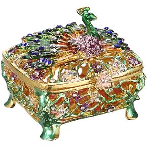 Hipiwe Vintage Metal Jewelry Box - Mini Peacock Figurine Trinket Organizer Box Hinged Hand-Painted Enameled Jewelry Box Hollow Out Earrings Ring Holder Gift for Women