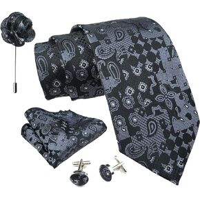 Geometric Ties For Men – Tie Set With Pocket Square Cufflinks & Flower Brooch Pin For Mens (APN3) (Pack of 4)