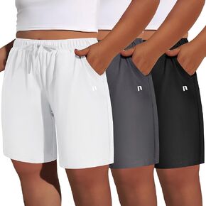 Neer 3 Pack Women's Bermuda Shorts Plus Size Lounge Long Sweat Shorts Drawstring High Waisted Athletic Shorts with Pockets