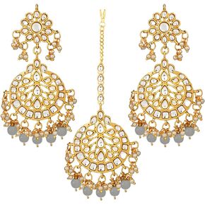 Aheli Exquisite Design Faux Kundan Chandbali Earrings Maang Tikka Set Ethnic Indian Jewelry for Women
