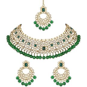 I Jewels Gold Plated Indian Wedding Bollywood Pearl Kundan Studded Choker Jewellery Necklace Set with Maang Tikka for Women (K7217-18)