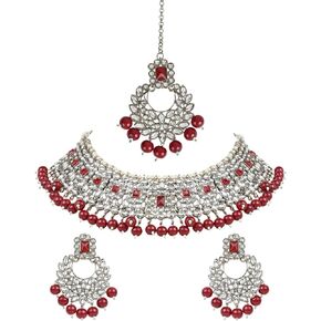 I Jewels Gold Plated Indian Wedding Bollywood Pearl Kundan Studded Choker Jewellery Necklace Set with Maang Tikka for Women (K7217-18)