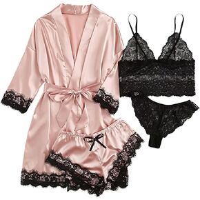 Women's Satin Pajama Set 4 Piece Floral Lace Camisole Lingerie Nightgown With Robe., 10X-Large, Pink