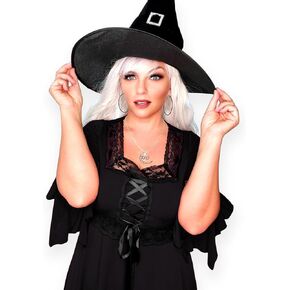 Dare to Wear Spellcaster Witch Costume: Pentagram Pendant, Velour Hat, and Victorian Gothic Women's Renaissance Top