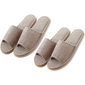 ARTIBETTER 2 Pairs Womens Indoor House Slippers Summer Linen Home Shoes Open Toe Slip on Cotton House Slippers Hotel Slippers Beige 29cm