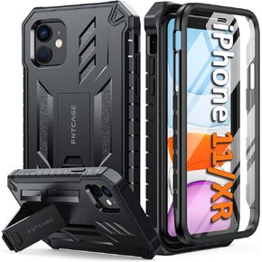 FNTCASE for iPhone 11 Phone Case: for iPhone XR case with Kickstand Shockproof Military Grade Protective Cover - Dual Layer Full Protection Sturdy Matte Textured Drop Proof - 6.1 Inch Black