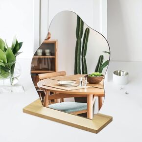 Irregular Aesthetic Vanity Mirror, Frameless Acrylic Decorative Desk Tabletop Mirror with Wooden Stand Funky Makeup Mirror for Living Room Bedroom and Minimal Spaces Home Decor (Cloud Shape), White