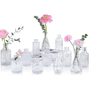 Glass Bud Vases Set of 12, Mini Flower Vases for Centerpieces, Small clear Vases in Bulk for Wedding Decorations, Vintage Vases for Table, Recepetion, Home Décor (Clear)