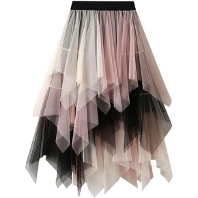 Women's Color-Blocking Mesh Multi-Layer Irregular Elastic Waist Sexy Skirts Tulle Bubble Skirt