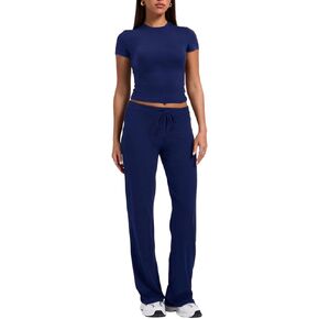 AYWA Women's 2 Piece Lounge Sets Slim Fit Short Sleeve T Shirts Straight Leg Pants Matching Casual Outfits