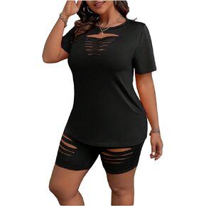 SOLY HUX Women's Plus Size 2 Piece Outfits Ripped Cut Out Short Sleeve Tee and Shorts Set