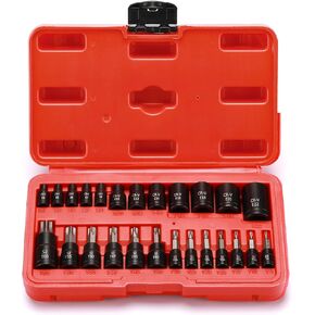 Mayouko 25PCS 1/4",3/8",1/2" Drive Torx Bit and External Socket Set,12 Female E-Torx Sockets and 13 Star Socket Bits