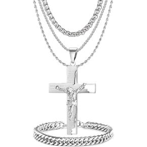 5 Piece Stainless Steel Cross Pendant Necklace Set with 3 Chains and 1 Cuban Bracelet, Jesus Christ Cross Religious Jewelry Gift, Silver/Gold/Black