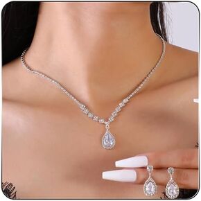 Rhinestone Waterdrop Prom Earrings Necklace Set for Women,Elegant Crystal Necklace Earrings Bridal Wedding Gifts Geometry Teardrop Dangle Drop Earrings Costume Jewelry Sets for Bridal Bridesmaid