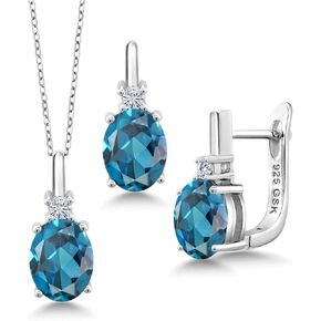 Gem Stone King 925 Sterling Silver London Blue Topaz Pendant and Earrings Jewelry Set For Women (5.45 Cttw, Gemstone Birthstone, with 18 Inch Silver Chain)