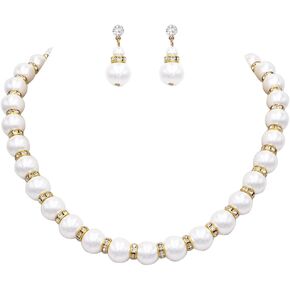 Rosemarie Collections Women's Classic Simulated Pearl And Crystal Rhinestone Bridal Necklace With Hypo Allergenic Earrings Set