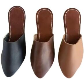 Moroccan Genuine Leather Mules Slides Low Heel Flats Comforatable Slip Ons Backless Slippers Almond/Pointed Toe Sandals Shoes