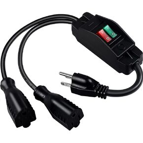 2 Way Extension Cord with On/Off Switch 3 Prong Outdoor Extension Cord Splitter, Heavy Duty Extension Cord with SJTW 14AWG 15A/125V and 18AWG 10A/125V(1.6 Ft, Black)