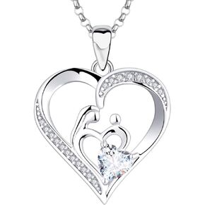 JO WISDOM Women Heart Mum Necklace,925 Sterling Silver Mother Daughter Love Heart AAA Cubic Zirconia Pendant Necklace,Gift for Mum