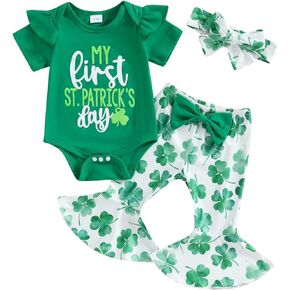 My First St Patrick's Day Baby Girl Outfit Ruffle Short Sleeve Romper Clover Bell Bottom Headband 3Pcs Clothes Set