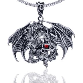 Xusamss Punk Rock Titanium Steel Dragon Pendant Wings Skull Pendant Crystal Chain Necklaces