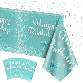 4 Pack Teal Blue and Silver Happy Birthday Tablecloths, 51x87'' Plastic Disposable Rectangle Turquoise Silver Birthday Table Cover for Women Girls Birthday Party Decorations Supplies