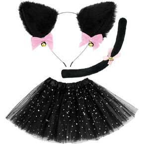 Newcotte 3 Pcs Halloween Costume Animal Tutu Ears Headband Tail Fancy Dress Costume Kit for Youth Adult Halloween Cosplay
