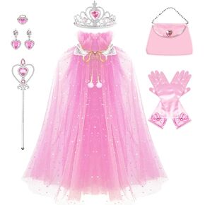 Princess Cape Set 9 Pieces Girls Princess Cloak, Kids Fairy Tulle Elsa Princess Dress Up Clothes Cape for Girls Birthday Party Halloween Dressing Up with Crown Wand Accessories