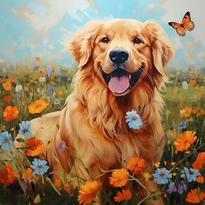 5D Diamond Painting Kits by Number for Adults Golden Retriever & Flowers Diamond Art Diamond Painting Full Round Drill Crystal Rhinestone Embroidery Craft Kits for Home Wall Decor Gifts 35x35cm
