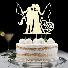 Fishing Wedding Cake Topper - Bride and Groom Fishing Themed Wedding Party Decorations, Funny Mr & Mrs Wedding Cake Decors, Gold Glitter
