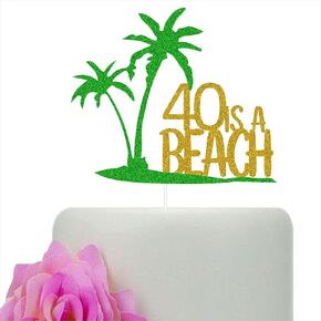 Beach 40th Birthday Cake Topper, Funny Glitter Forty Years Old Birthday Party Decorations Supplies Gold & Green(40 is A Beach)