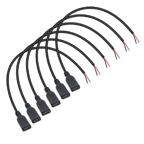 USB C Power Pigtail Cable 1FT 24AWG 5V 3A USB Type-C Female Plug to 2 Pin Bare Wire Open End Power Pigtail Cord DIY, Black (6 Pcs)