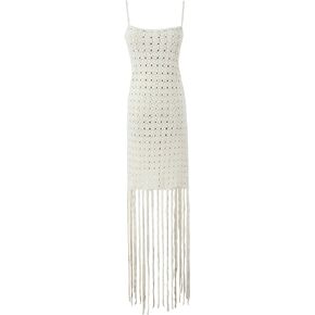 2024 Spring Summer Fringe Hollow Out Crochet Halter Dress Casual Vacation Sleeveless Sexy Dress in Beige