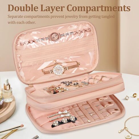 Bundle: Jewelry Travel Organizer Case PU Leather Jewelry Storage Book + Double Layer Jewelry Travel Organizer Case for Necklaces, Earrings, Bracelets(Lilac Purple+Rose Gold) in Kuwait