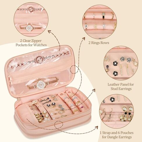 Bundle: Jewelry Travel Organizer Case PU Leather Jewelry Storage Book + Double Layer Jewelry Travel Organizer Case for Necklaces, Earrings, Bracelets(Lilac Purple+Rose Gold) in Kuwait