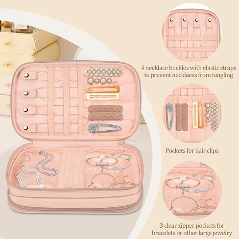 Bundle: Jewelry Travel Organizer Case PU Leather Jewelry Storage Book + Double Layer Jewelry Travel Organizer Case for Necklaces, Earrings, Bracelets(Lilac Purple+Rose Gold) in Kuwait