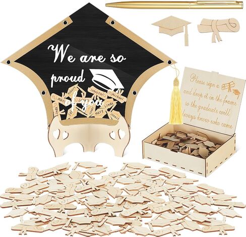 2024 Graduation Guest Book Alternative Graduation Cap Scroll Collecting Name Drop Sign Book with 50 Wooden Scroll and Cap 1 Box 1 Pen for 2024 Congrats Graduation Party(Black and Gold) in Saudi Arabia