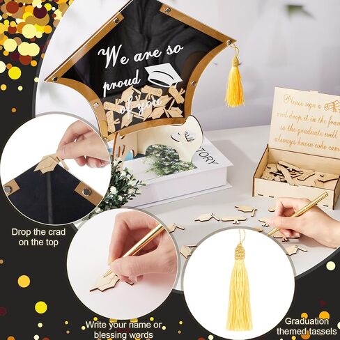 2024 Graduation Guest Book Alternative Graduation Cap Scroll Collecting Name Drop Sign Book with 50 Wooden Scroll and Cap 1 Box 1 Pen for 2024 Congrats Graduation Party(Black and Gold) in Saudi Arabia