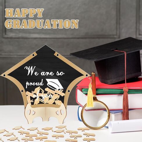 2024 Graduation Guest Book Alternative Graduation Cap Scroll Collecting Name Drop Sign Book with 50 Wooden Scroll and Cap 1 Box 1 Pen for 2024 Congrats Graduation Party(Black and Gold) in Saudi Arabia